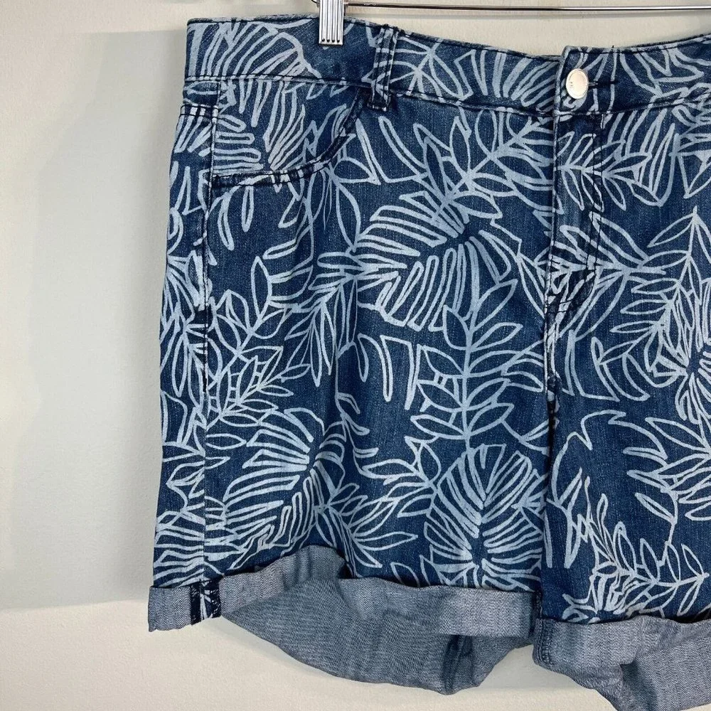 Lane Bryant Jean Shorts 20 Blue Floral Palm Leaf Cuffed Stretch Denim Womens New